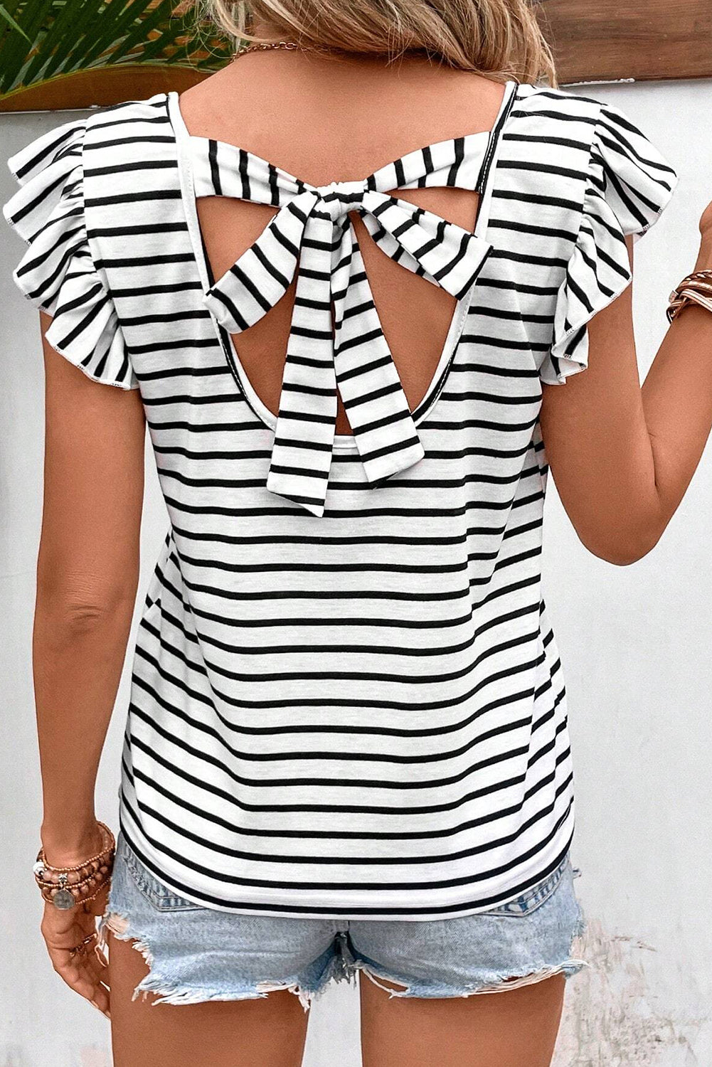 Tied Striped V-Neck Cap Sleeve T-Shirt - Babbazon new