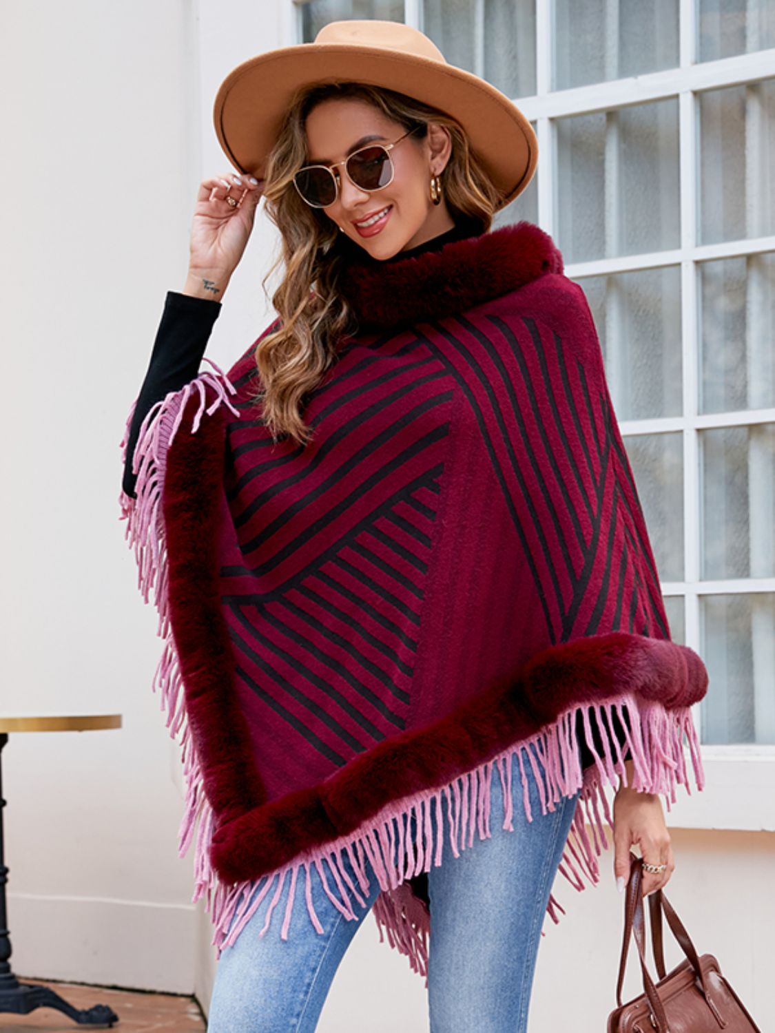 Striped Fringe Hem Poncho 