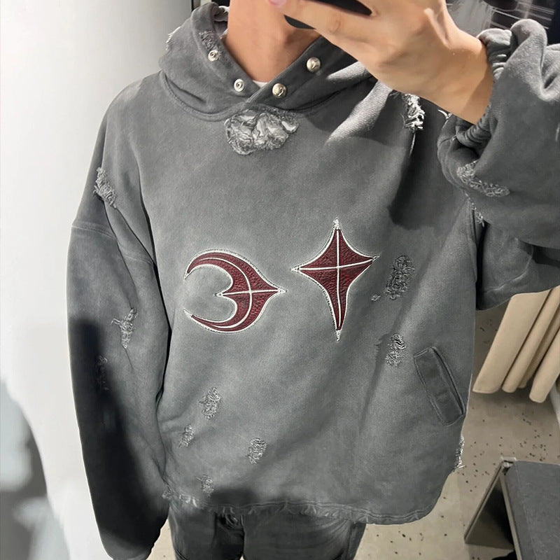 Heavy Washed And Worn Destroyed Casual Hooded Sweater