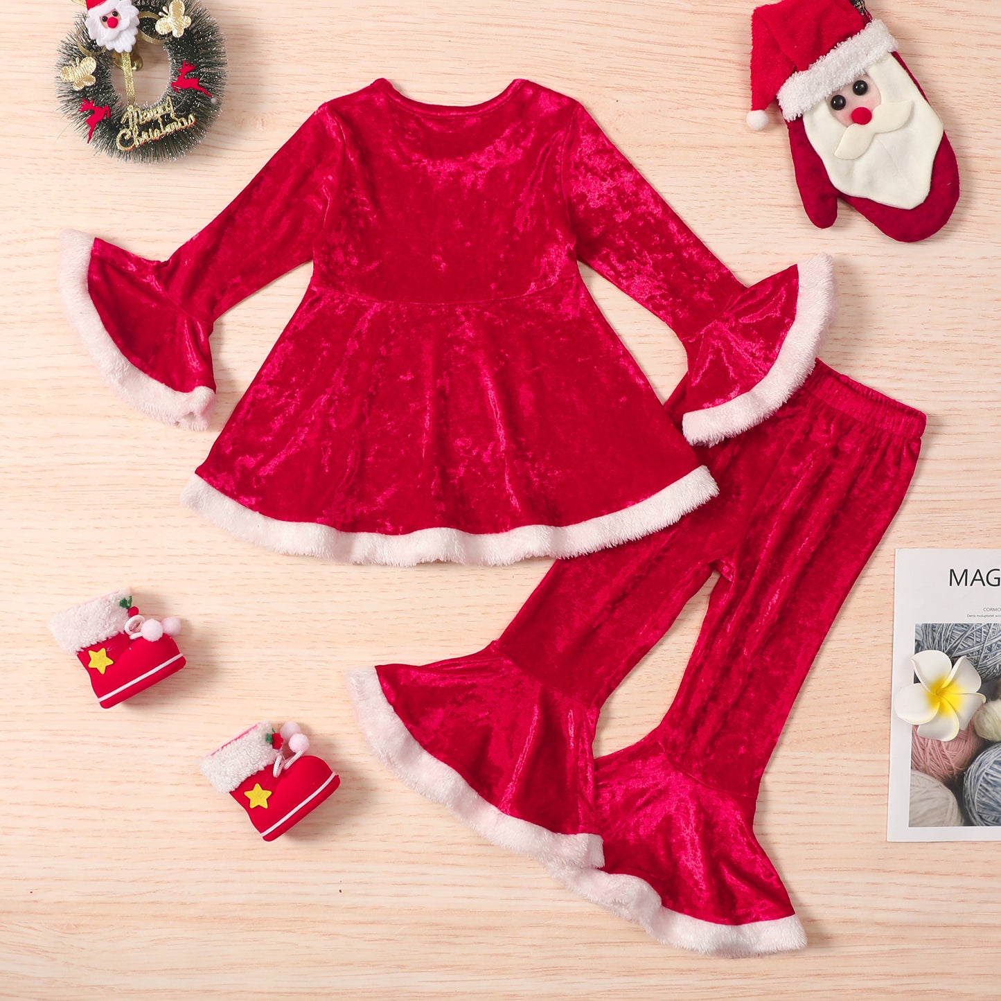 Girls Fall Winter Christmas Solid Color Raw Edge Flare Pants Two Piece Set