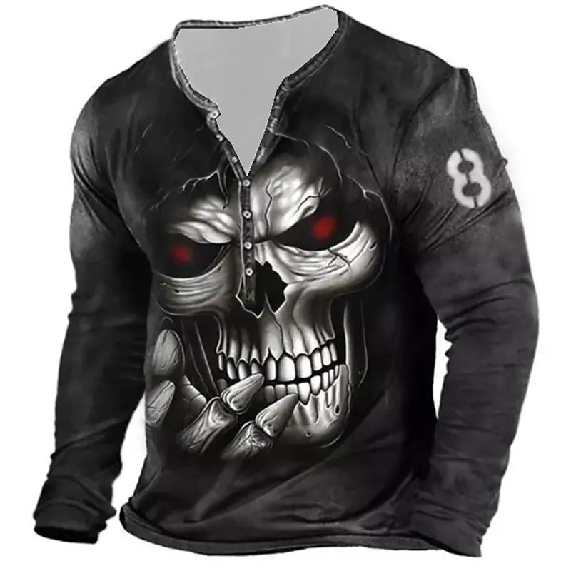 European And American Vintage Print Seven Button Open Placket Skull Long Sleeve T-shirt