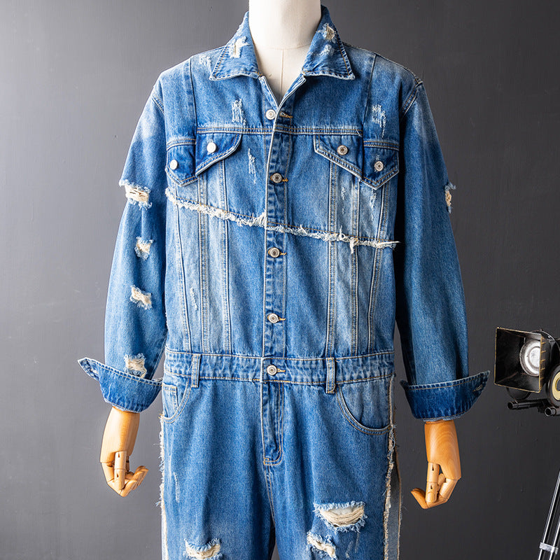 Men's Denim Hip Hop Ripped Wash Cargo Jumpsuit