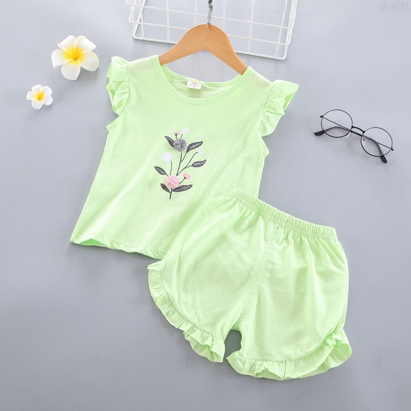 Girls Sleeveless Lace Vest Children's Casual Shorts Summer New Fashion Solid Color Short-sleeved Children's Clothing Suit