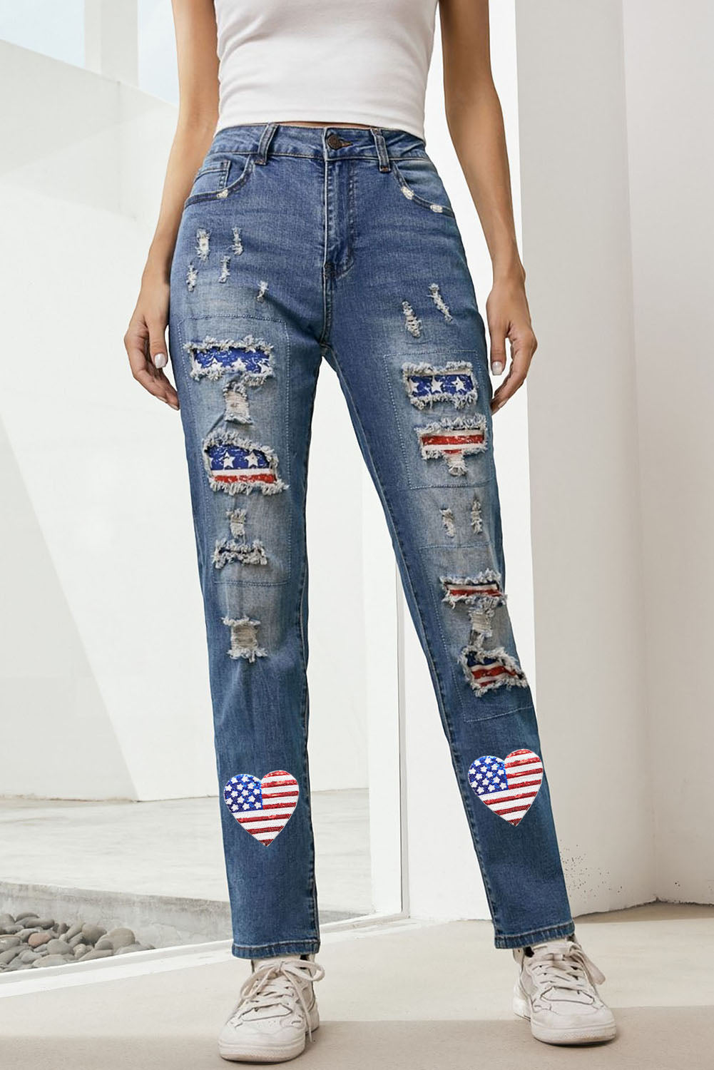 US Flag Distressed Straight Jeans - Babbazon New Products