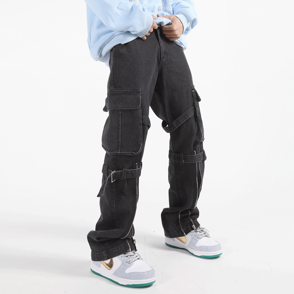 Ins Street Trend Zipper Stitching Loose Straight Trousers