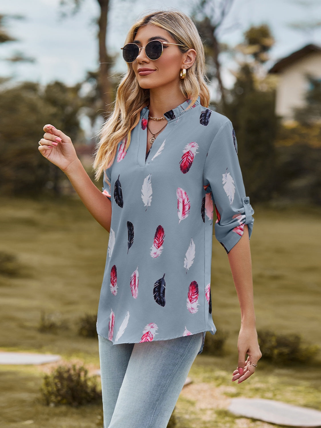 Printed Frill Notched Roll-Tab Sleeve Blouse