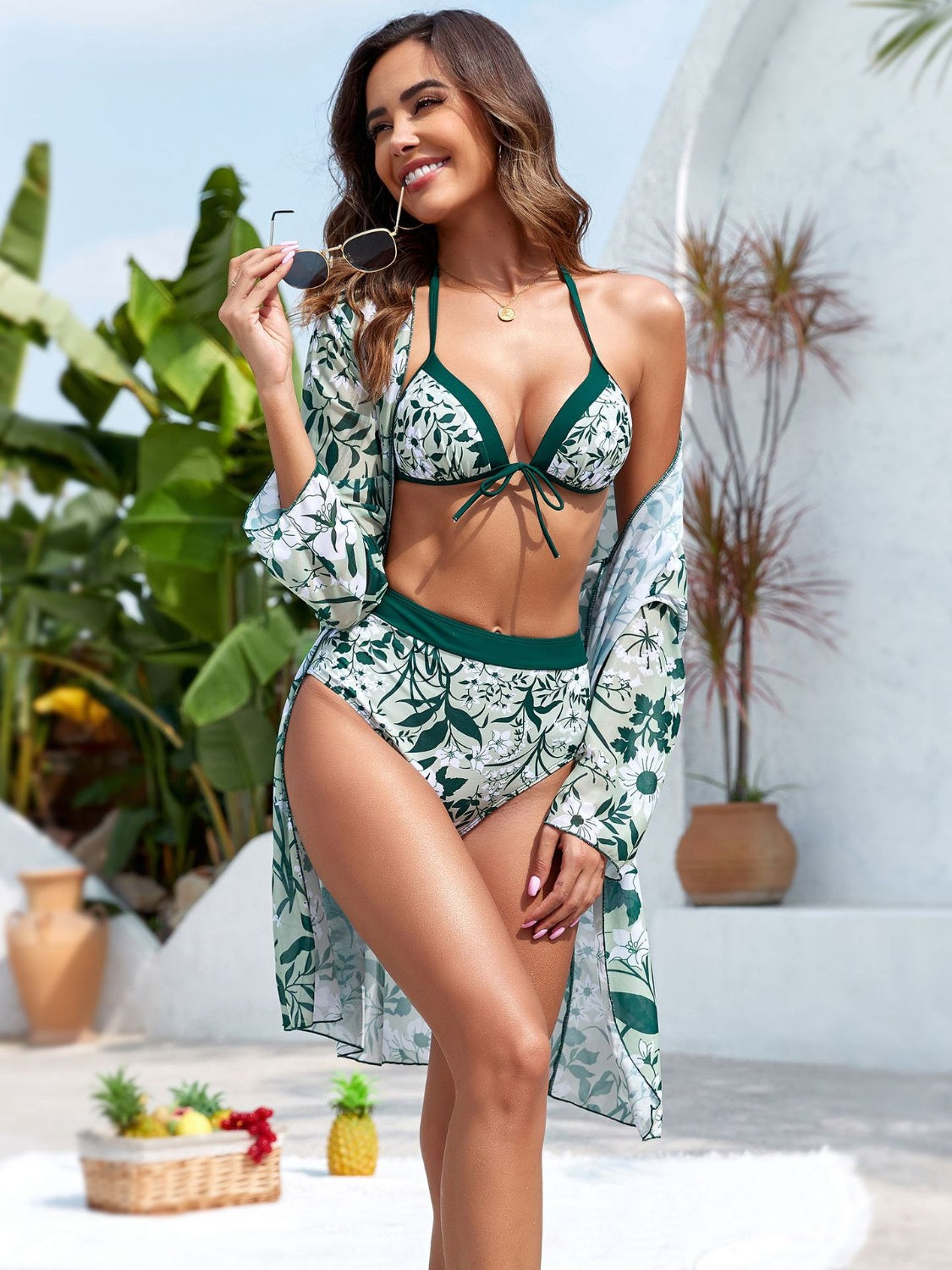 Printed Halter Neck Three-Piece Swim Set - Babbazon New Products