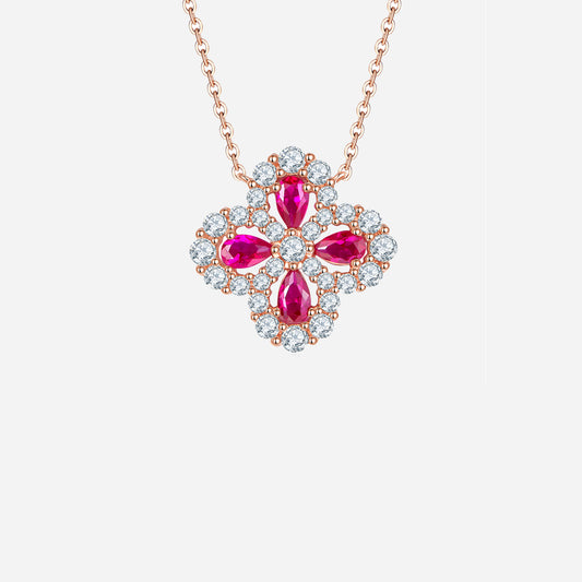 Lab-Grown Ruby 925 Sterling Silver Flower Shape Necklace 