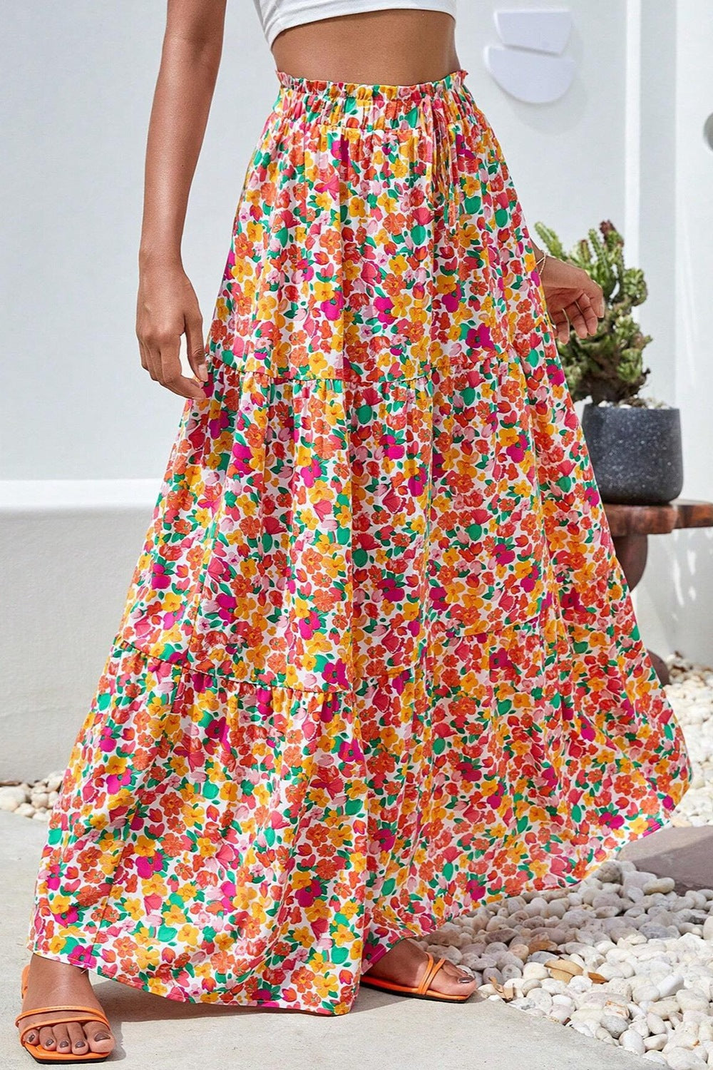 Printed Elastic Waist Maxi Skirt 