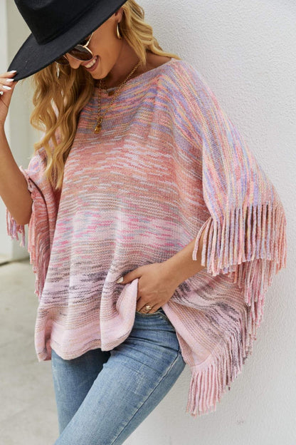 Round Neck Fringe Detail Poncho 