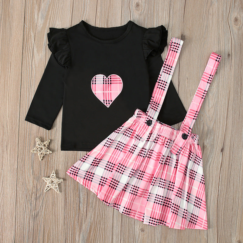 Love Long-sleeved Blouse Plaid Suspender Skirt Two-piece Children's Wear