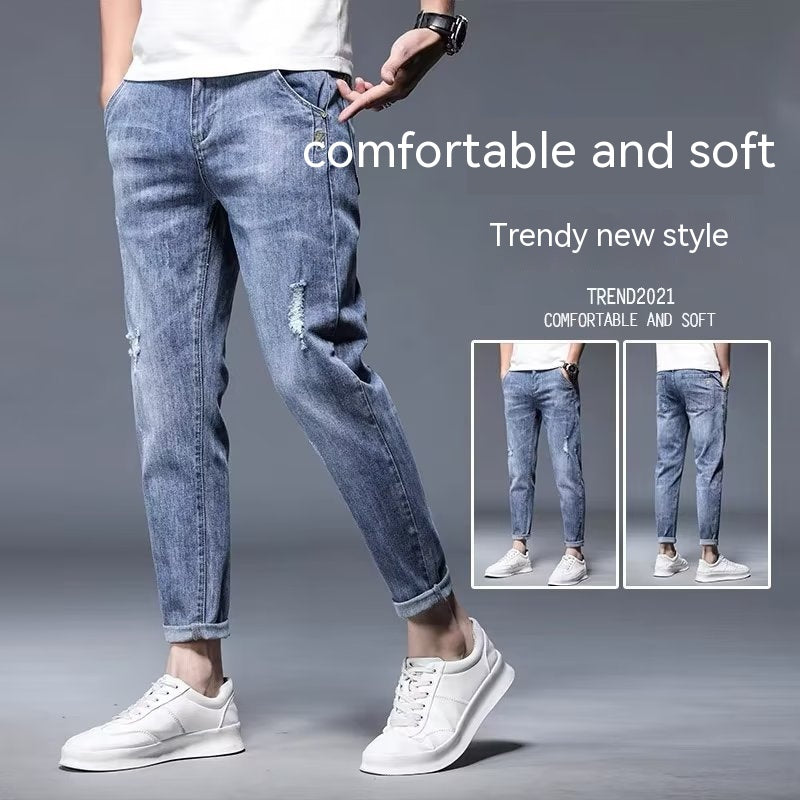 Loose Straight Ripped Stretch Pants Men's Casual Cropped Skinny Trousers