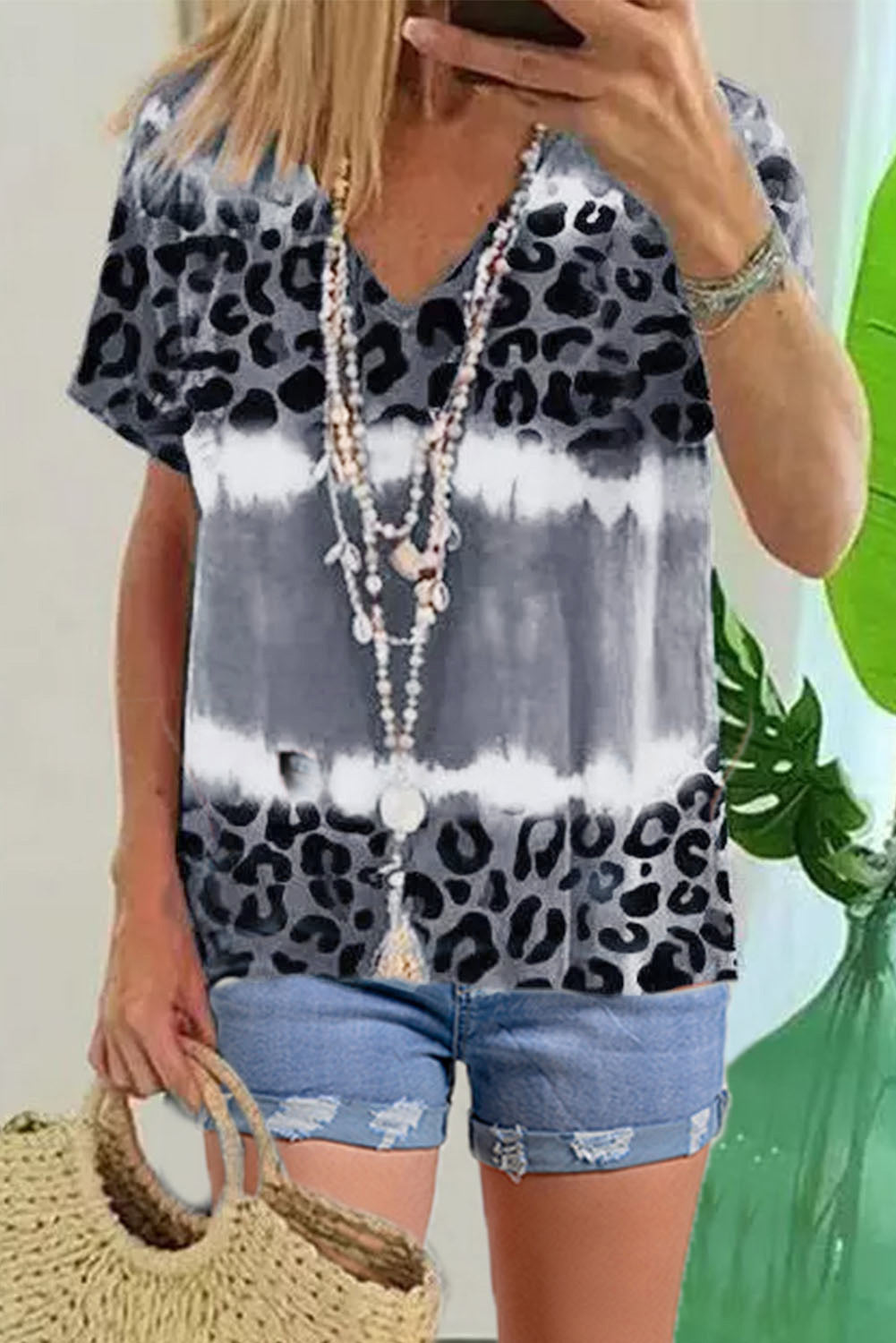 Wholesale Gray Tie Dye Leopard Print V Neck T Shirt - Babbazon T Shirts