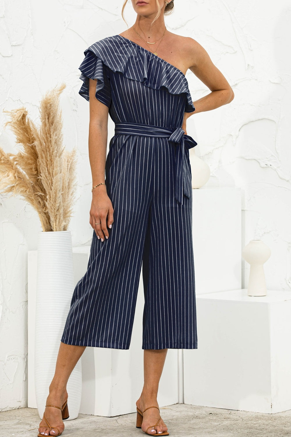 Ruffled Single Shoulder Tie Waist Jumpsuit - Babbazon new