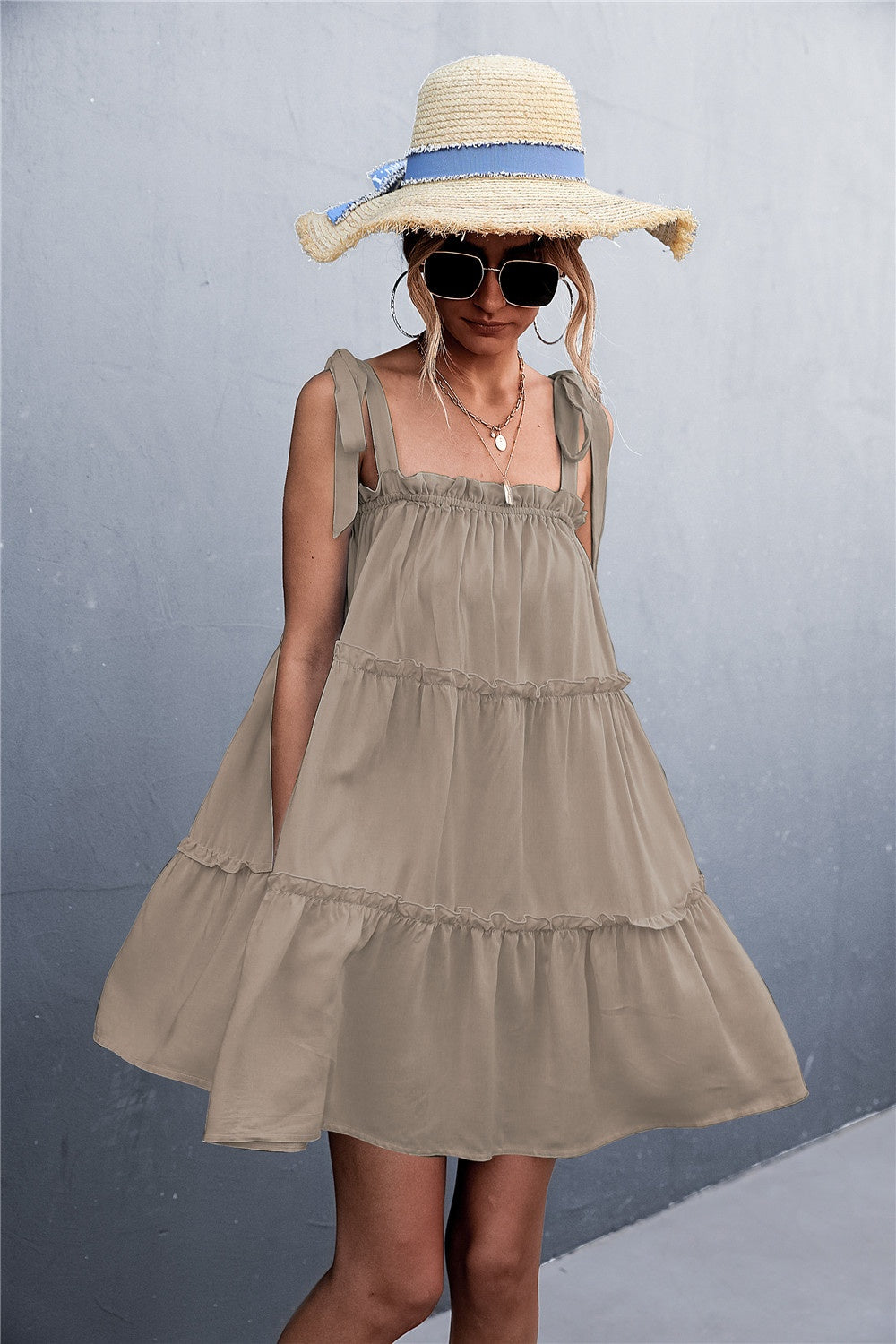 Frill Tiered Tie Shoulder Mini Cami Dress 