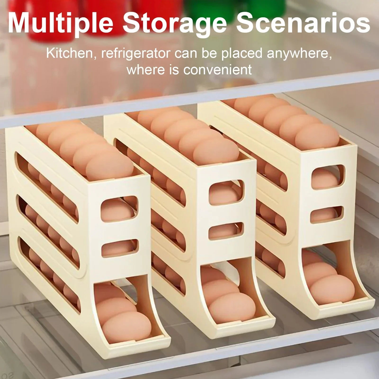 Refrigerator 4-Layer Automatic Egg Roller Sliding Egg Tray Refrigerator Side Door Large Capacity Holder Egg Storage Box Kitchen Gadgets 