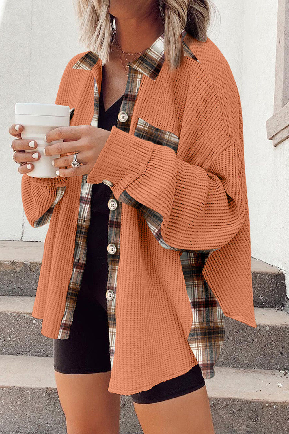 Plaid Button Down Collared Jacket - Babbazon Jacket