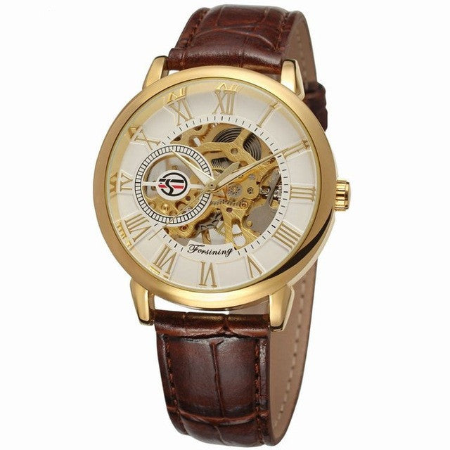 Hollow Mechanical Skeleton Transparent Style Leather Wrist Watch