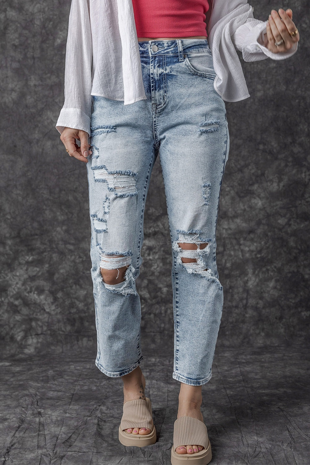 Distressed High Waist Jeans - Babbazon New Products