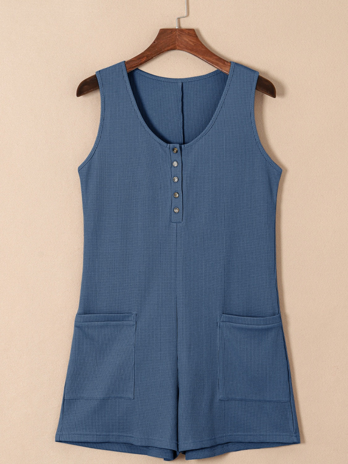 Waffle-Knit Half Button Sleeveless Romper with Pockets - Babbazon jumpsuit