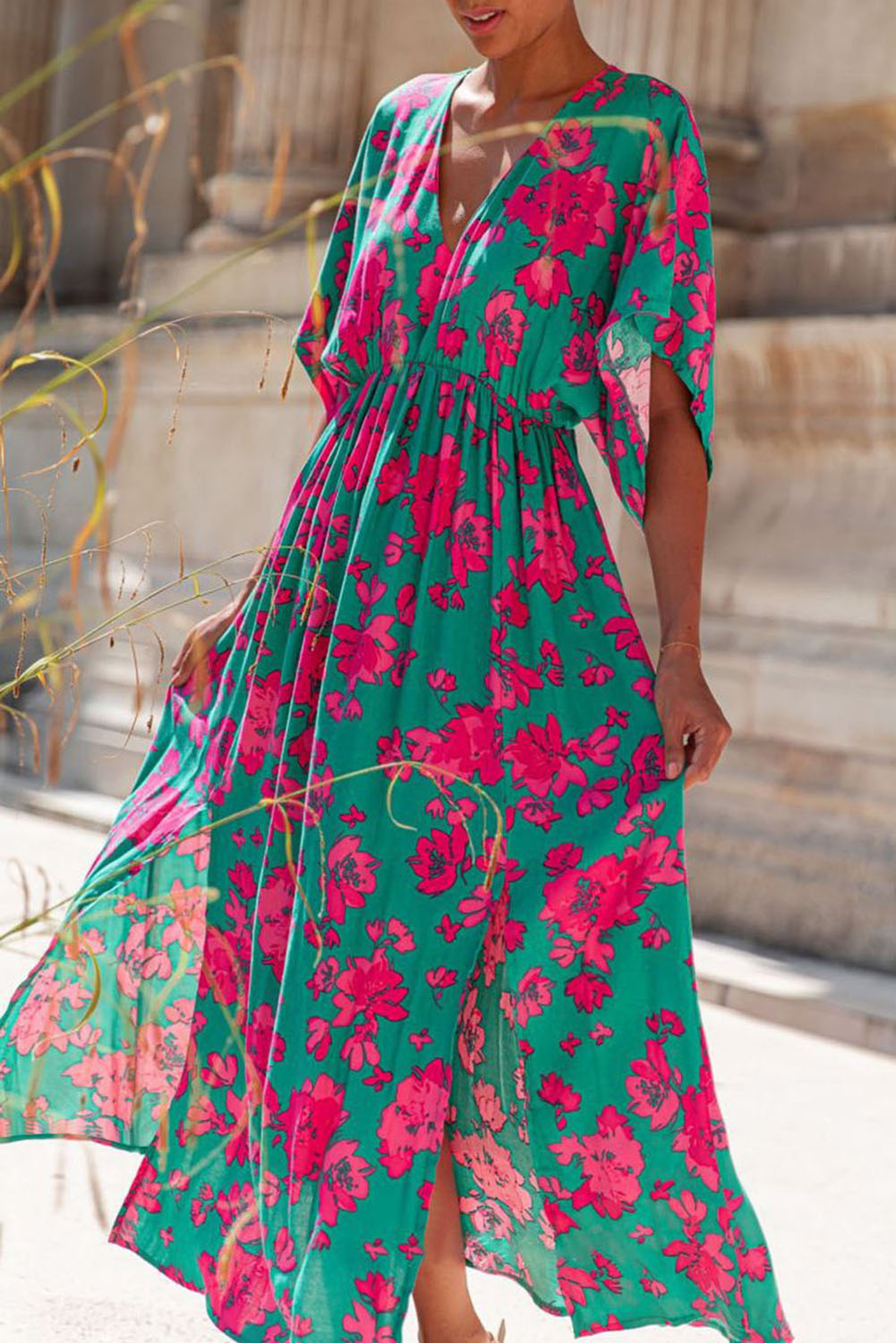 Sea Green Floral Printe Half Sleeve Split Flared Maxi Dress - Babbazon Maxi Dresses