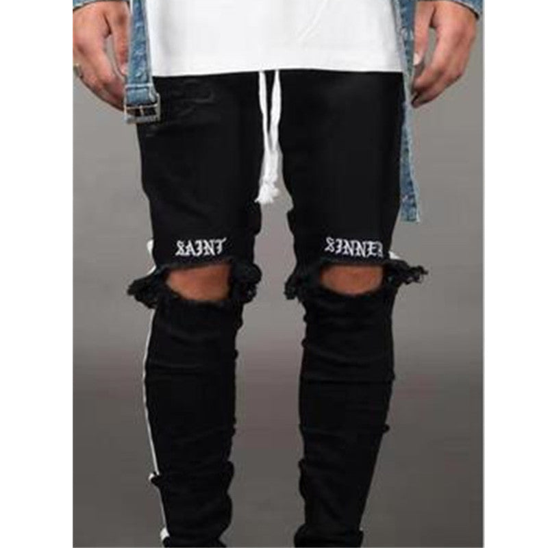 Denim trousers black male ripped jeans