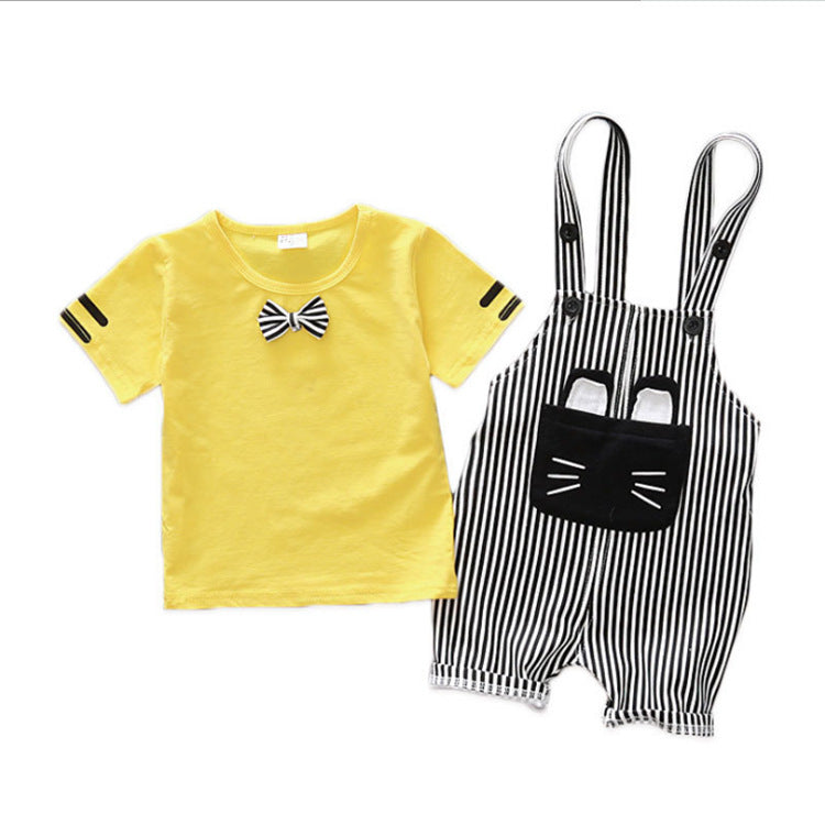 Factory direct handsome children's clothing Korean male baby cartoon strap two-piece suit cotton one generation A128