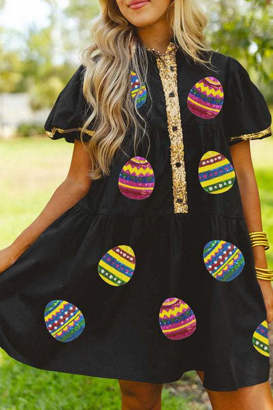 Black Easter Egg Sequin Half Button Neck Puff Sleeve Graphic Dress - Babbazon Short Dresses