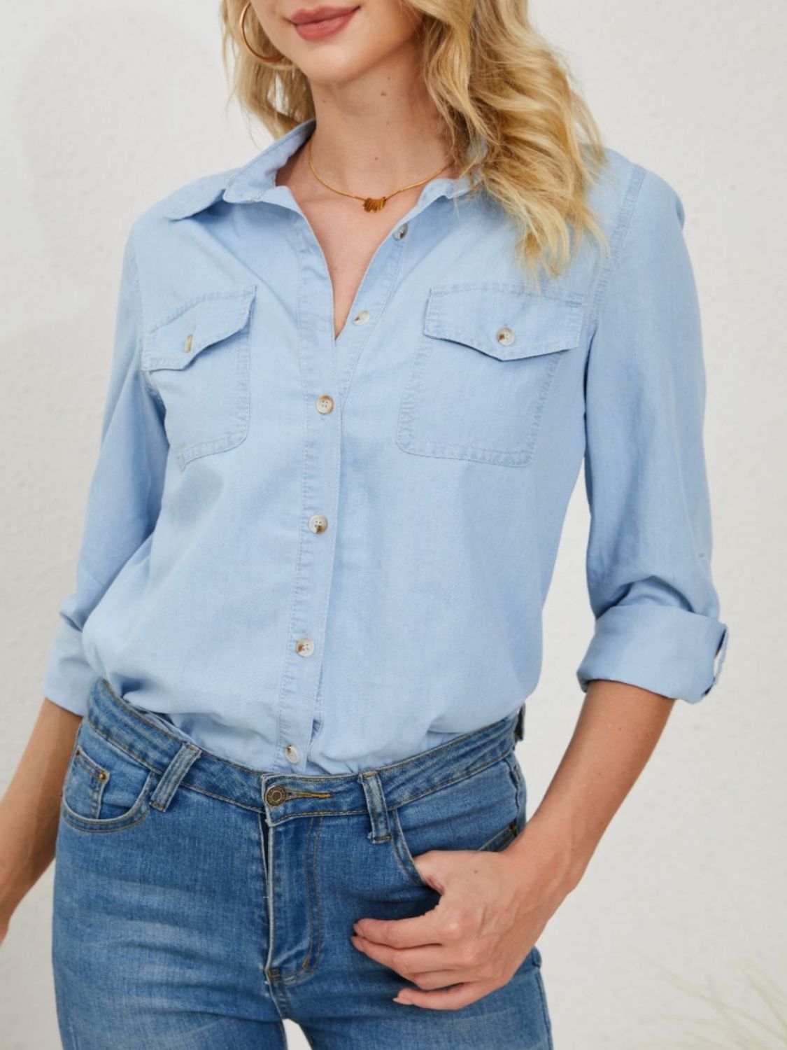 Pocketed Button Up Long Sleeve Denim Shirt 