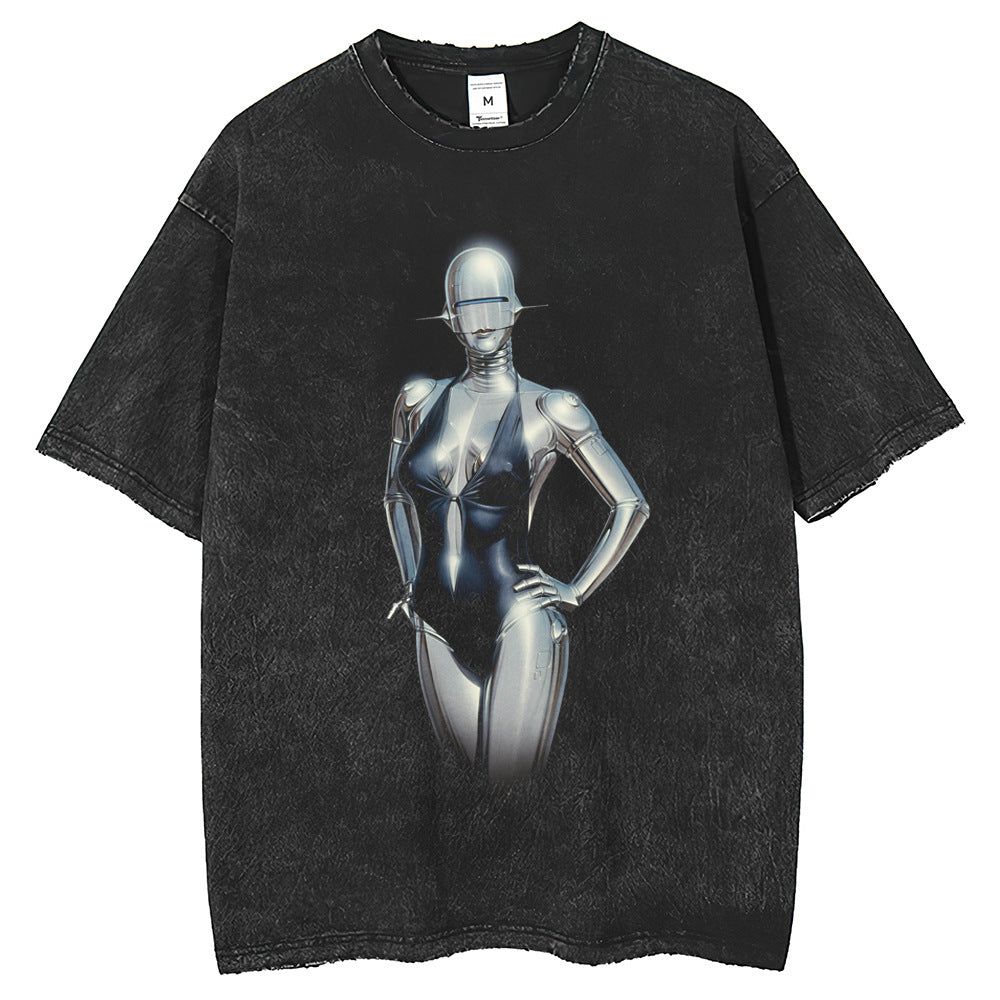 Women's Robot Printed T-shirt American Washed Old Short Sleeve