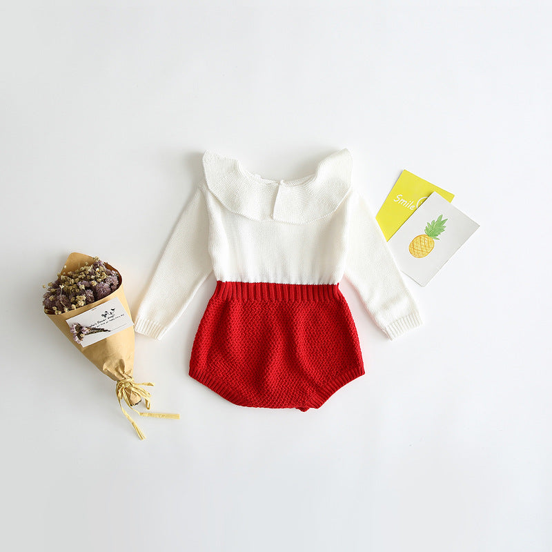 Thalia  Ruffled Romper Spring and Autumn Girl Baby Baby Doll Collar Knitted Knitted Bodysuit