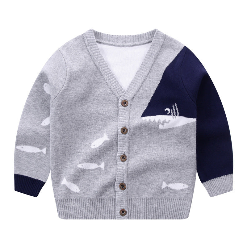 Small fish V-neck single breasted sweater for children