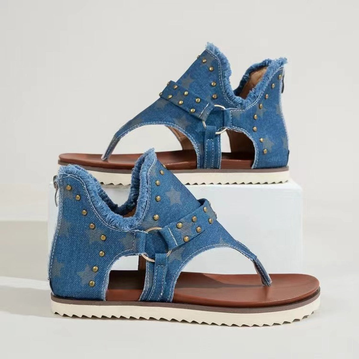 Studded Raw Hem Flat Sandals - Babbazon New Products