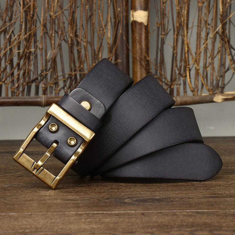 Retro Washed Matte Top-grain Leather Brass Buckle Belt 