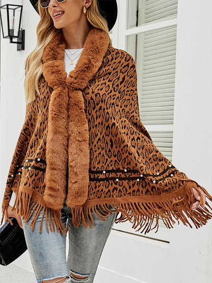 Leopard Fringe Hem Poncho 