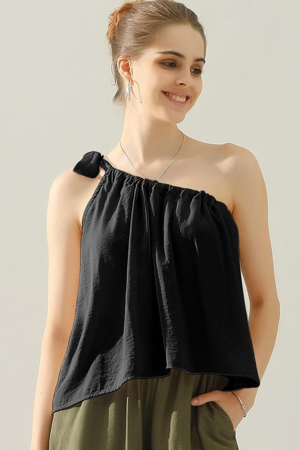 Ninexis One Shoulder Bow Tie Strap Satin Silk Top - Babbazon New Products