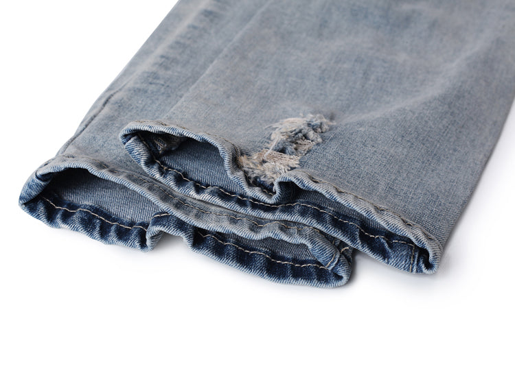 Knee damage ripped blue washed distressed men's jeans