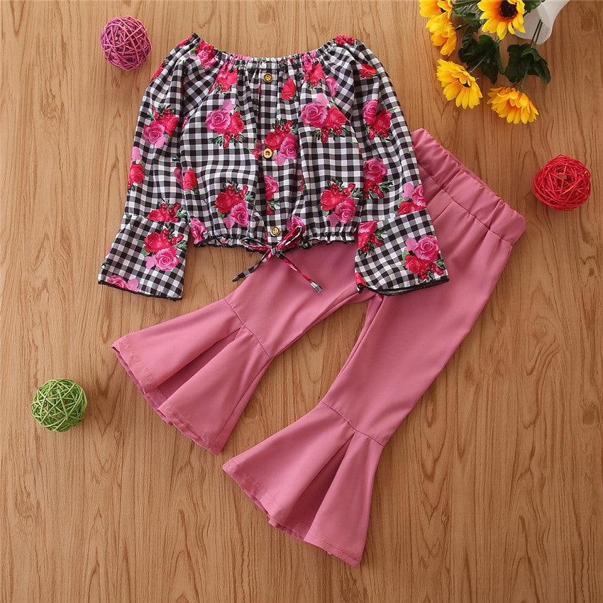 Girls' Clothing, Small And Medium-Sized Children's Checked Long-Sleeved Flared Pants