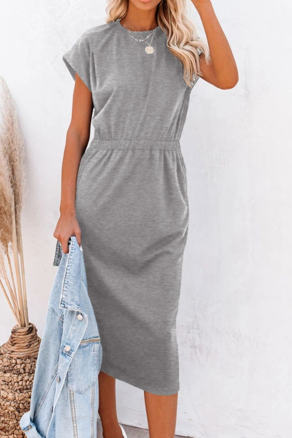 Pocketed Round Neck Cap Sleeve Dress 