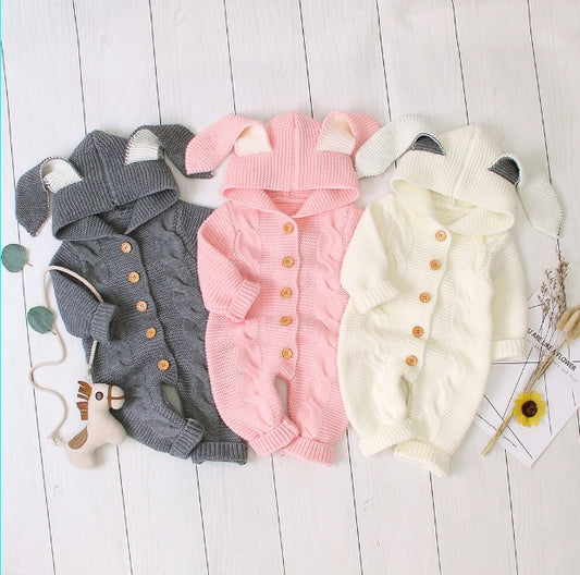 Three-dimensional Bunny Ears Hooded Knitted Romper