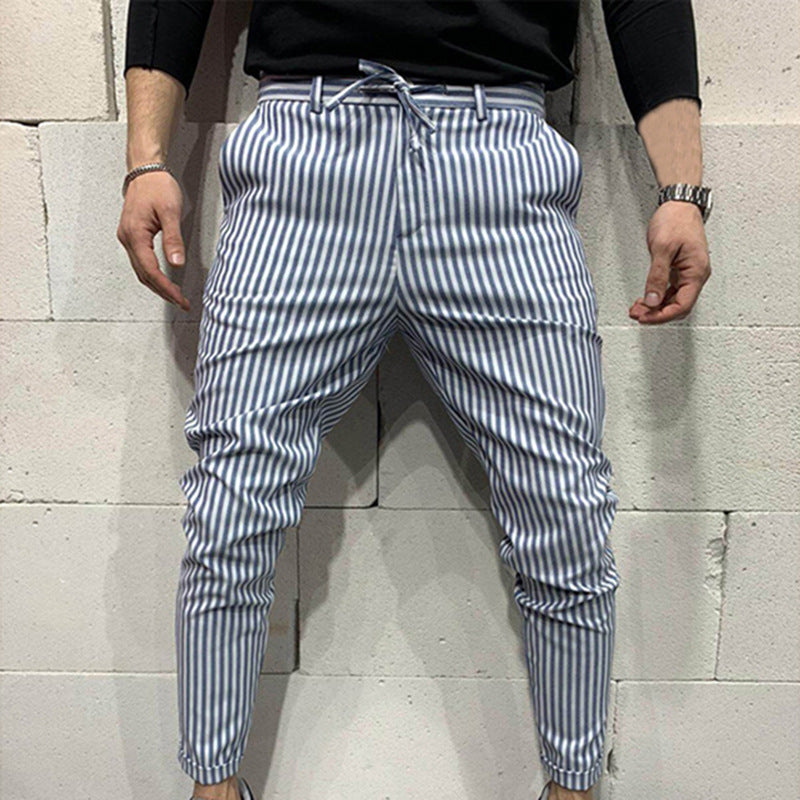 Lace-up solid color striped trousers