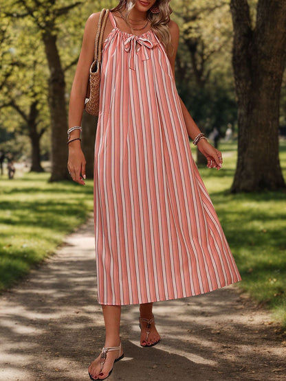 Perfee Striped Tie Neck Midi Cami Dress