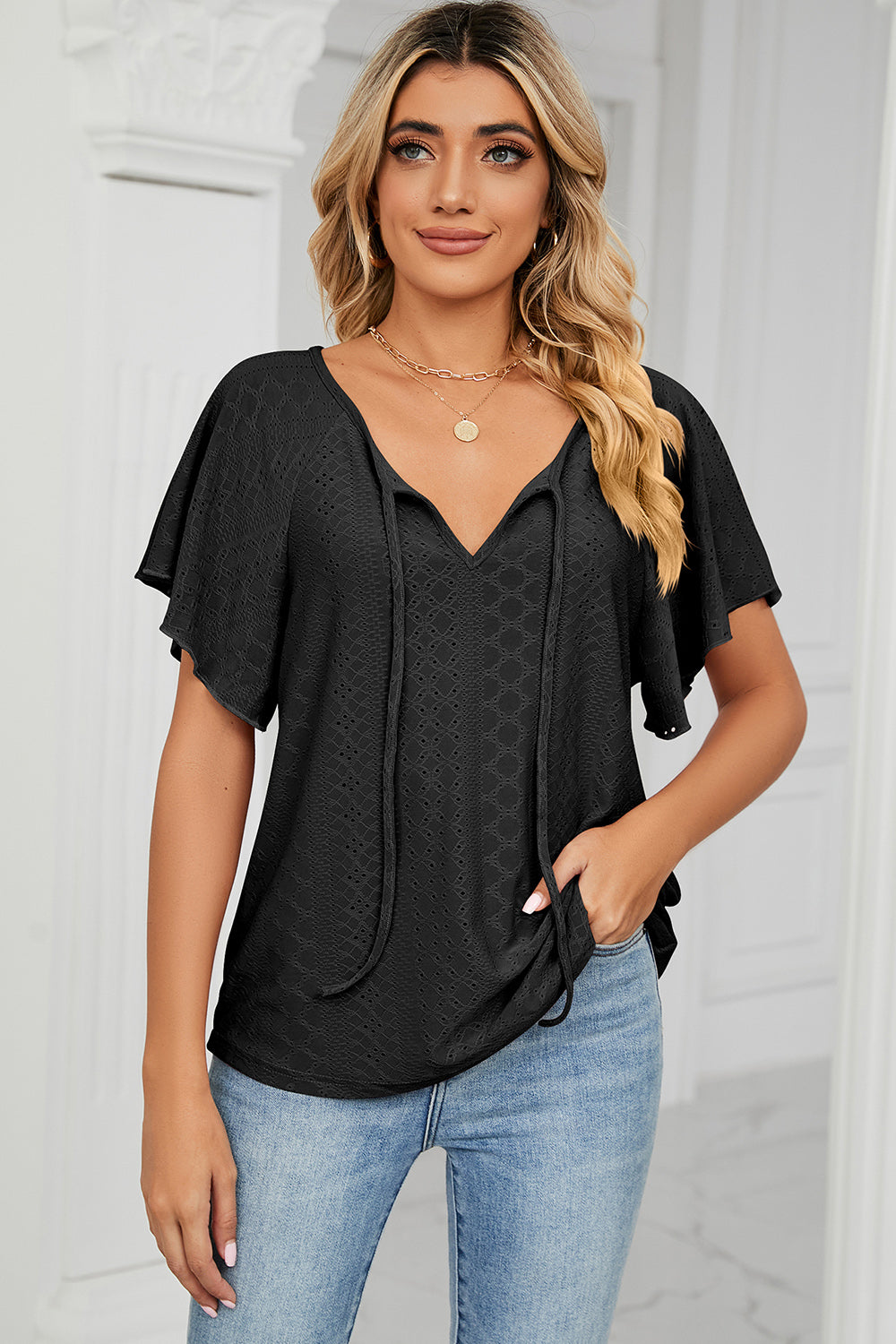 Eyelet Tie Neck Flutter Sleeve Blouse