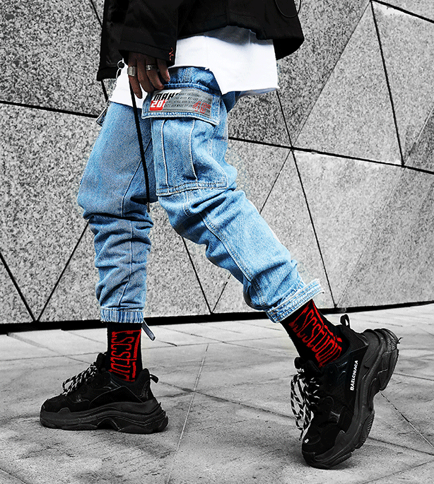 Autumn national tide Japanese large pocket Harlan jeans male loose overalls tide brand small feet casual pants beam pants