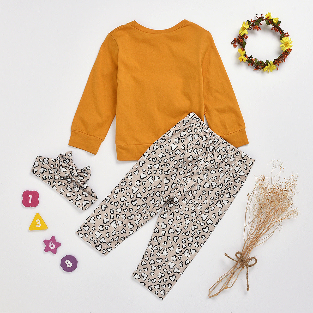 New Children's Long Sleeve Lace Leopard Trousers Bow Set