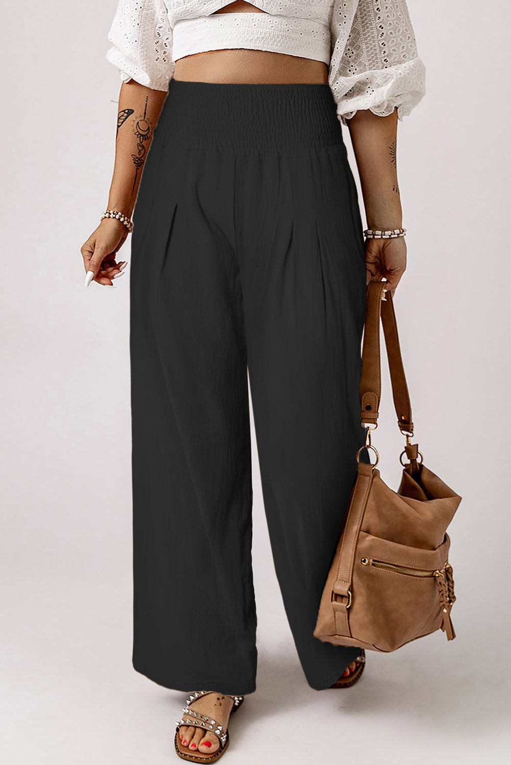 Smocked High Waist Wide Leg Pants - Babbazon