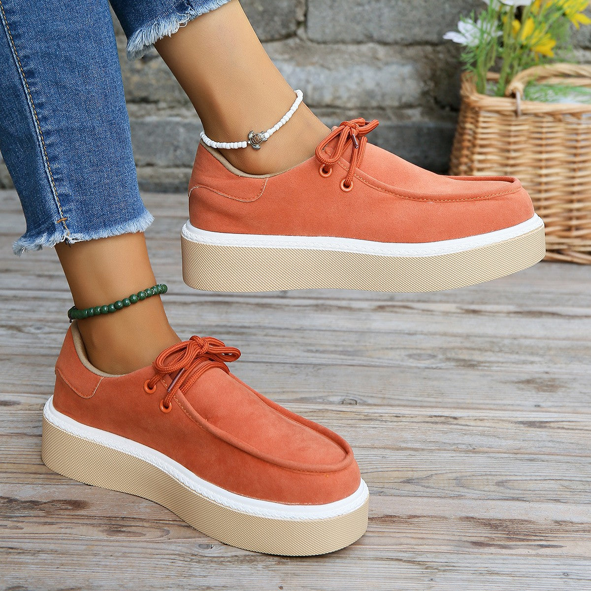 New Thick Bottom Lace-up Flats Women Solid Color Casual Fashion Lightweight Walking Sports Shoes 