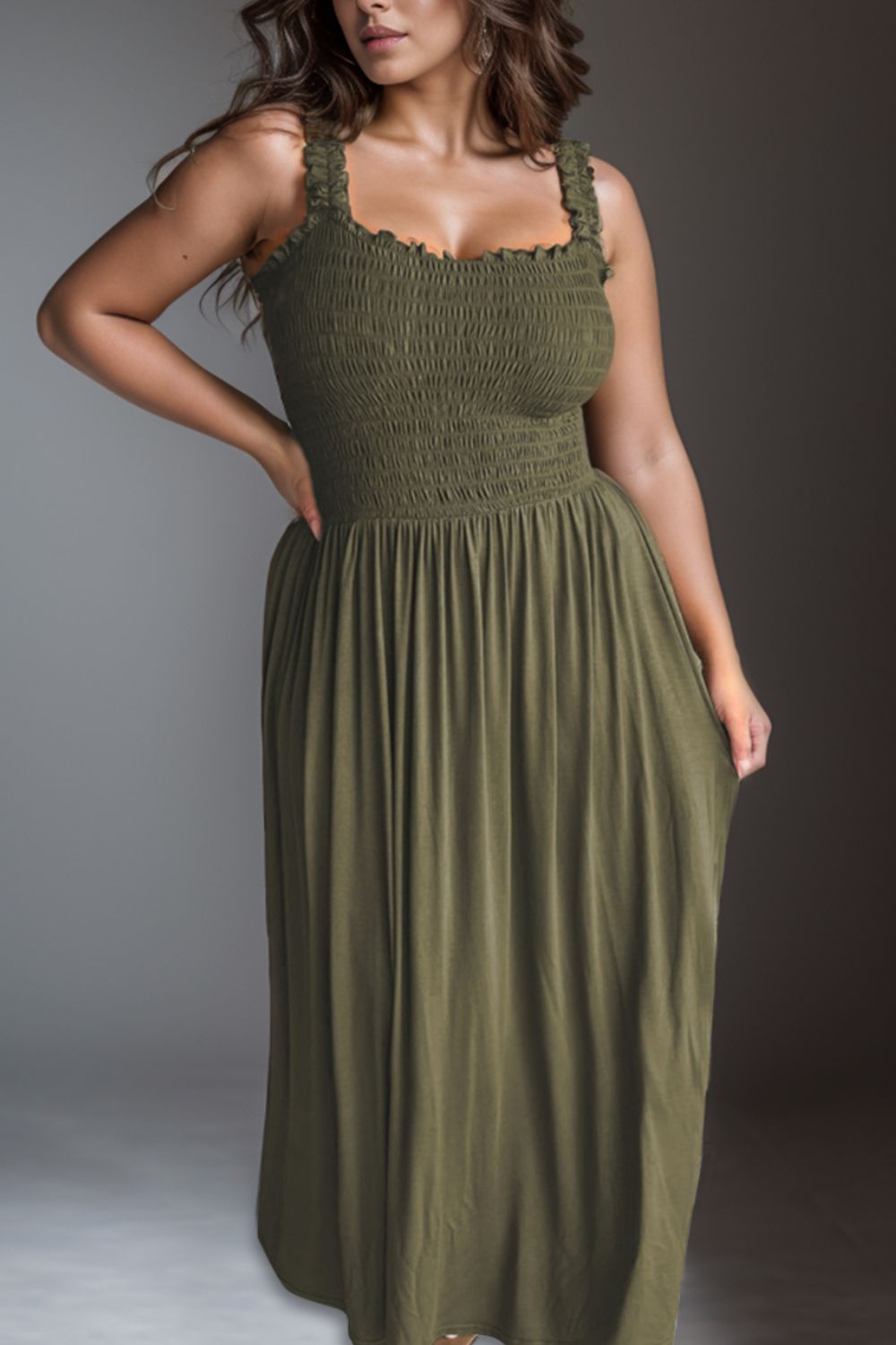 Plus Size Smocked Square Neck Maxi Dress - Babbazon New Products