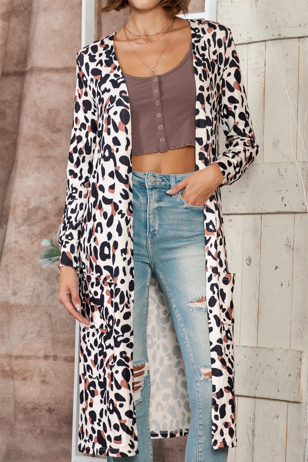 Leopard Side Pocket Open Front Duster Cardigan - Babbazon Cardigans