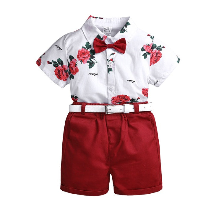 2pcs Summer Baby Set Flower Short Sleeve Polo Shirt With Red Shorts Shorts School Clothes For Children  China